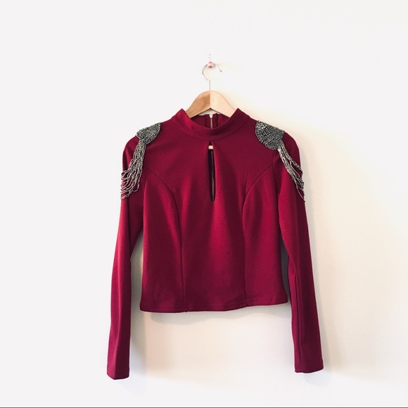 Windsor Tops - Windsor burgundy long sleeve beaded keyhole top M